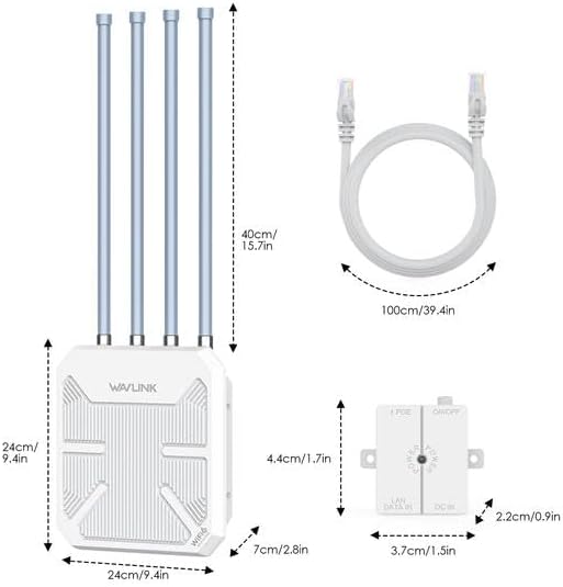 WAVLINK dual band mesh repeater displaying the rugged IP67 waterproof enclosure construction details.