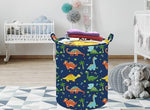 Dinosaur pattern laundry hamper being used for storing children stuffed toys