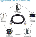 MOOKEERF low loss jumper cable connected between a ham radio transceiver and an external antenna analyzer system.