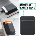 Slipdrive travel pocket pouch holding a black external solid state drive securely on a tablet.