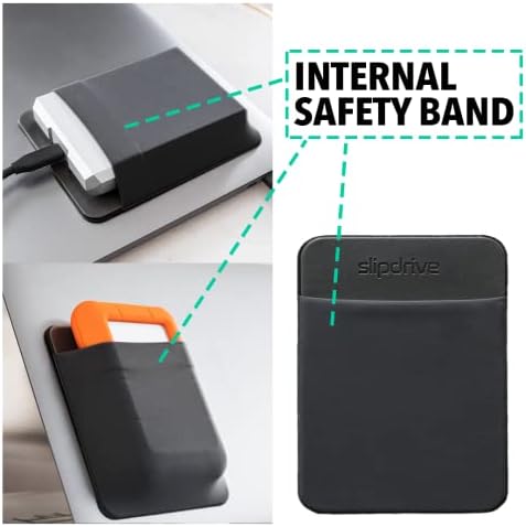 Slipdrive travel pocket pouch holding a black external solid state drive securely on a tablet.