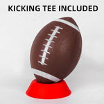 Demonstration of inflating the small junior rubber football using the included manual air pump.