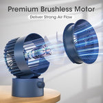 Premium brushless motor desktop fan setup next to a laptop for quiet office cooling.