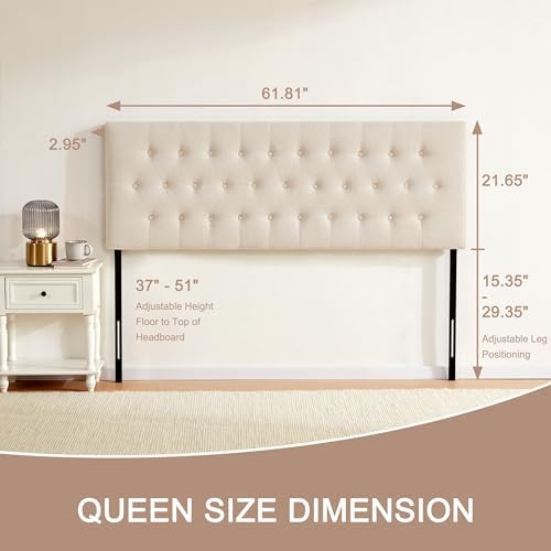Huatean Home linen fabric beige bed headboard with diamond button design close up view