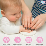 Step by step process of stamping letters and cutting a circle into the soft non toxic impression clay