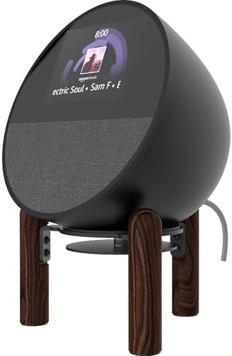 Side profile of walnut wood stand elevating a smart speaker