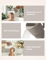 Water pouring from the contoured rim of the Roslim silicone baby bath rinser.