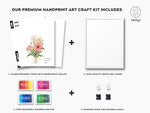 TwoDays personalized handprint frame kit showing included four color washable rainbow ink pads and hanging hardware