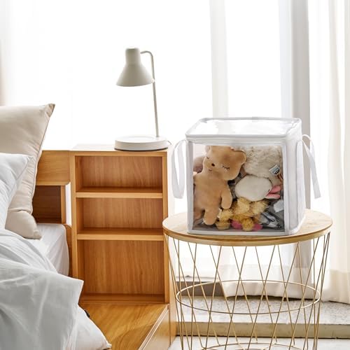 Holay clear cube organizer boxes stacked together highlighting the white minimalist fabric side panel and durable handle.