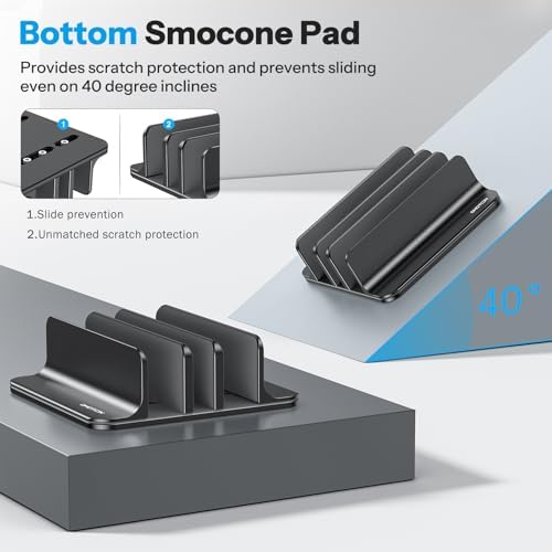 Black vertical multi-device desk dock holding one laptop and two tablets simultaneously