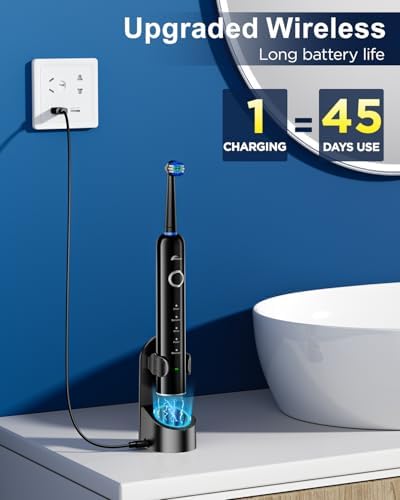 Rtauys power toothbrush handle sitting securely on its removable charging station base.