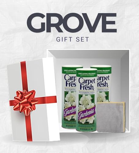Close up of Gardenia scent carpet fresh powder canisters and cleaning accessory