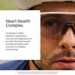 Thorne Heart Health Complex ninety capsules bottle side view detailing allergen free certifications.