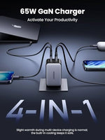 Compact premium Gallium Nitride wall adapter next to travel accessories showing portable size
