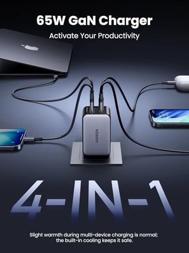 Compact premium Gallium Nitride wall adapter next to travel accessories showing portable size