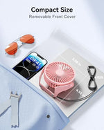 Packaging layout of the authentic imported Edvision small personal fan detailing its travel friendly compact dimensions