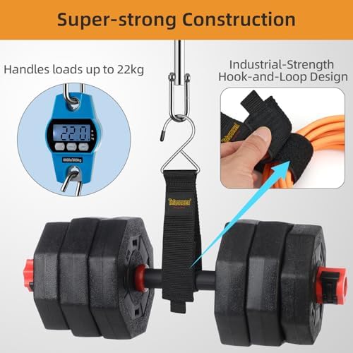 Trilancer heavy duty utility straps neatly organizing thick black workshop hoses and ropes.