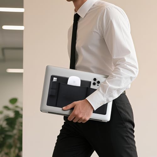 Lacdo stick on laptop pocket sleeve close up showing durable Lycra material stitching