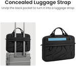 Tomtoc eco-friendly laptop travel briefcase mounted on a suitcase trolley handle.