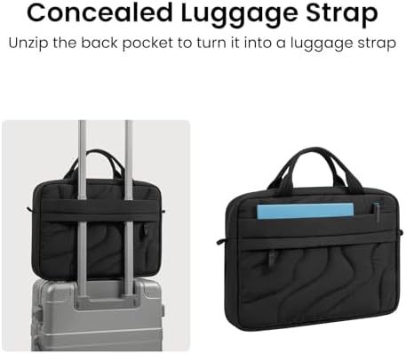 Tomtoc eco-friendly laptop travel briefcase mounted on a suitcase trolley handle.
