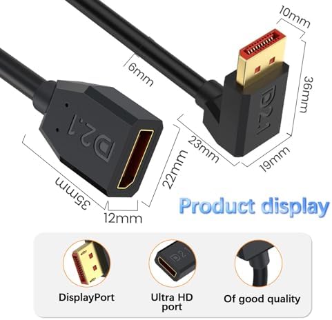 Short 15cm angled DisplayPort extension cable connected to a graphics card port