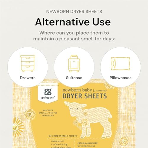 Grab Green natural infant dryer sheets with essential oil symbols shown