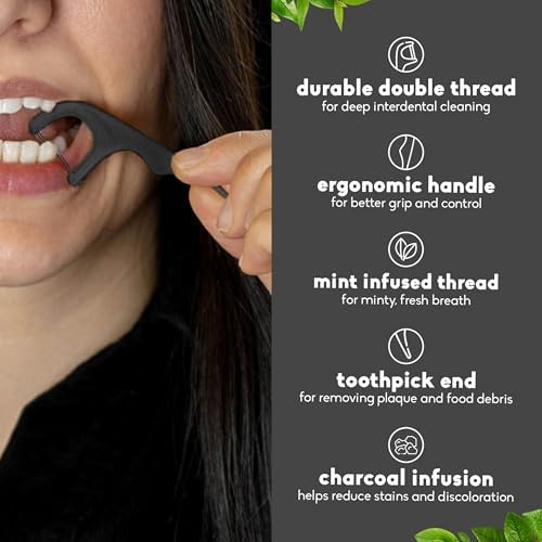 Close up of the plant-based cornstarch handles and shred-resistant double threading on a clean background