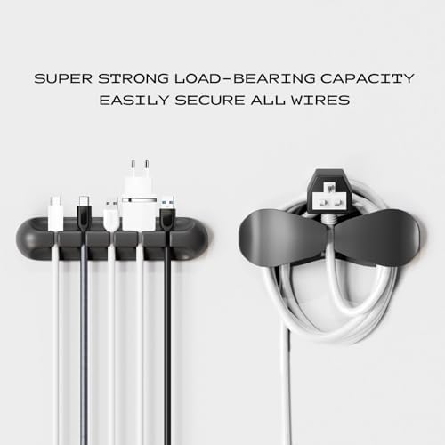 Assorted three five and seven slot desk wire management clips holding multiple charging cables