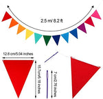 Close up view of the multicolor felt triangle flags on a white ribbon string.