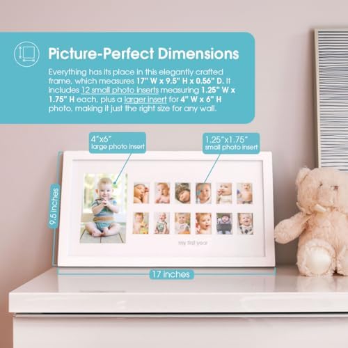 White wooden monthly milestone collage frame by Pearhead for baby photos
