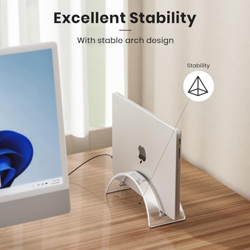 Clear acrylic vertical laptop holder showing protective interior silicone strips close up