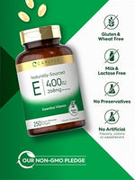 Naturally sourced Carlyle Vitamin E antioxidant softgels displayed next to the bottle packaging