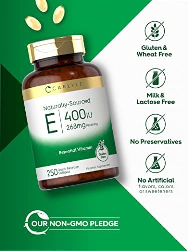 Naturally sourced Carlyle Vitamin E antioxidant softgels displayed next to the bottle packaging