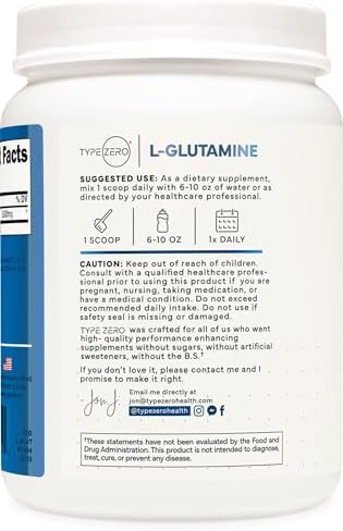Type Zero clean L-Glutamine powder texture and scoop