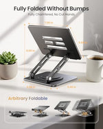 LOXP foldable desk stand showing dual hinges adjusted for ergonomic height and tilt angle.