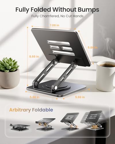 LOXP foldable desk stand showing dual hinges adjusted for ergonomic height and tilt angle.