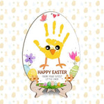Wonderjune baby milestone announcement prop showing a finished yellow chick handprint art example.