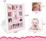 Comfecto twelve month baby collage picture frame in pink and white for nursery decoration