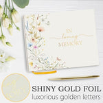 Close up of gold foil lettering on In Loving Memory guest book.