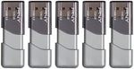 Five grey and black PNY Turbo Attache 3 storage drives arranged together