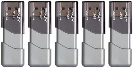 Five grey and black PNY Turbo Attache 3 storage drives arranged together