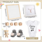 Bee baby reveal props layout featuring felt letter board and wooden blocks