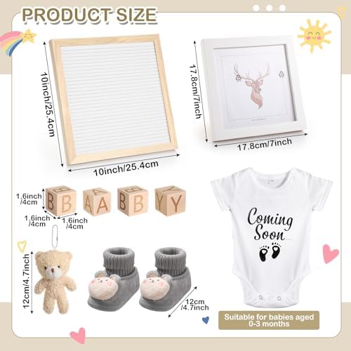 Bee baby reveal props layout featuring felt letter board and wooden blocks