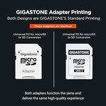 Gigastone 32GB micro SD card being inserted into the included full size SD adapter for laptop compatibility.