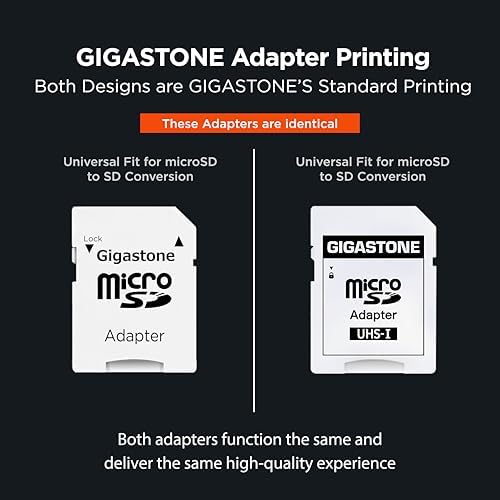 Gigastone 32GB micro SD card being inserted into the included full size SD adapter for laptop compatibility.
