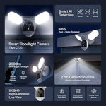 Tapo 2K QHD outdoor floodlight camera angle showing weather-resistant casing mounted on an exterior wall
