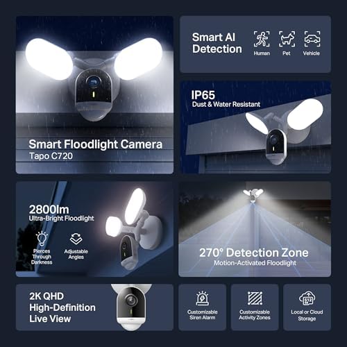 Tapo 2K QHD outdoor floodlight camera angle showing weather-resistant casing mounted on an exterior wall