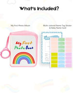 Open fabric baby photo album showcasing internal clear picture sleeves