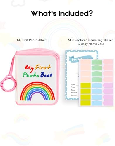 Open fabric baby photo album showcasing internal clear picture sleeves
