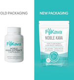 Side view of FijiKava stress relief capsules bottle highlighting ingredient facts.